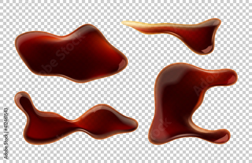 Spill soy sauce or cola puddle isolated brown liquid drops top view on transparent background. Soda drink splatters, abstract spilled asian condiment blobs, Realistic 3d vector illustration, icons set