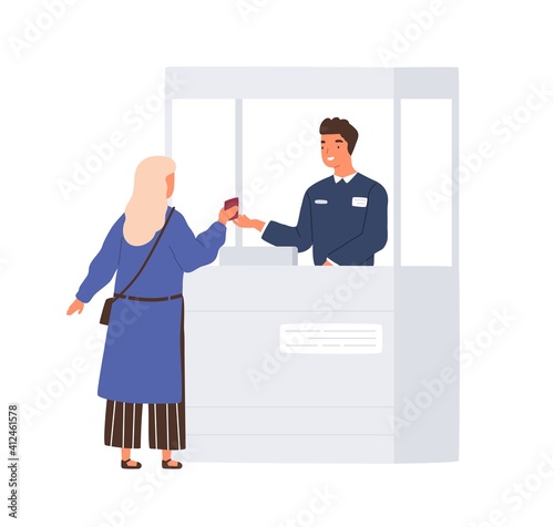 Passenger giving her document to friendly boarder guard while passing airport passport control. Colored flat vector illustration isolated on white background