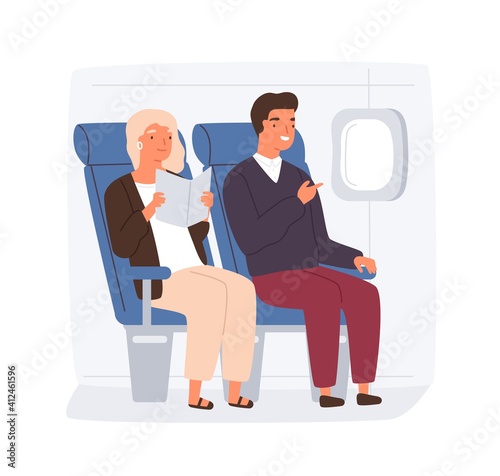 People traveling by plane. Passengers on their seats inside aircraft. Happy couple of passengers reading book and looking through illuminator or porthole. Flat vector illustration isolated on white