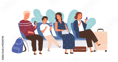 Passengers sitting with baggage at aiport lounge. People waiting for boarding plane and departure. Colorful flat vector illustration isolated on white background