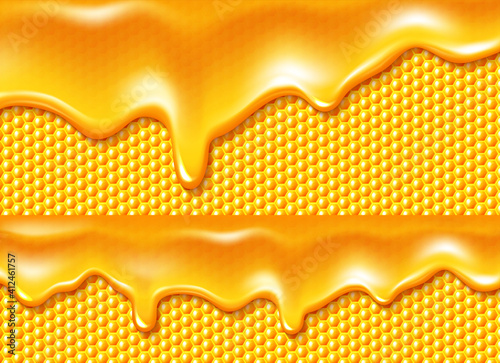 Honey dripping at bee honeycombs background, realistic drops texture, liquid yellow syrup splashes, glossy drip with falling droplets. Abstract backdrop or pattern, 3d vector illustration, wallpaper