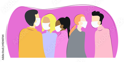 Group of people wearing medical masks to prevent disease, flu, air pollution, contaminated air, world pollution. Vector illustration.