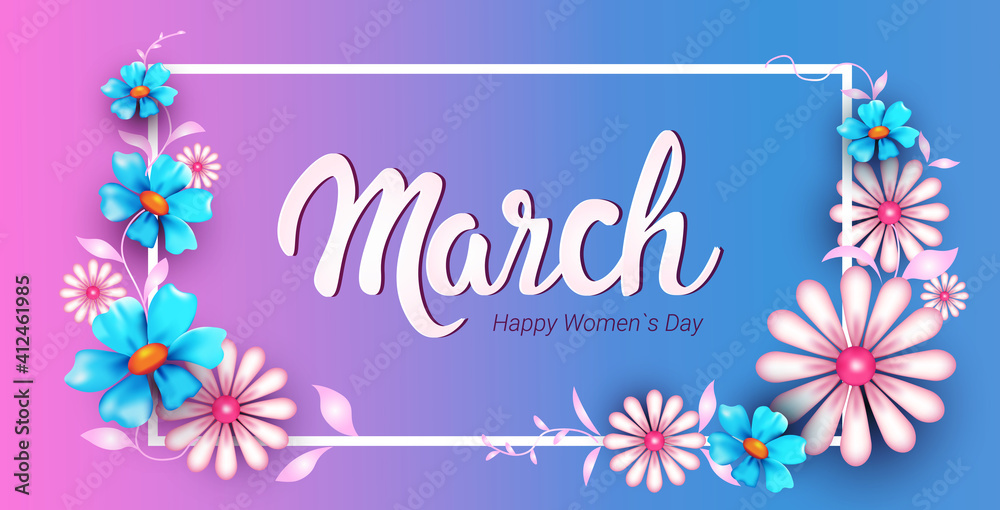 womens day 8 march holiday celebration banner flyer or greeting card with beautiful flowers horizontal vector illustration