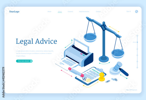 Legal advice isometric landing page. Lawyer assistance for regulation legal issues and compliance to rules. Advocate attorney service, 3d vector web banner with scales, printer, gavel and documents