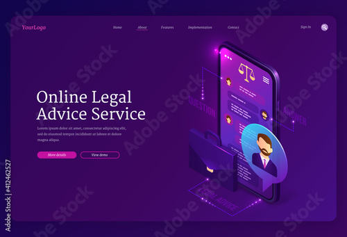 Online legal advice service banner. Assistance of lawyer for regulation legal issues for compliance to rules. Vector landing page of advocate services with isometric smartphone with chat and briefcase