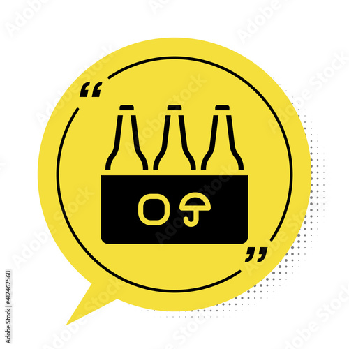 Black Pack of beer bottles icon isolated on white background. Case crate beer box sign. Yellow speech bubble symbol. Vector.