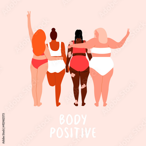 Body positivity. Love your body. Different skin color and body size women characters dressed in lingerie. Flat vector illustration for postcard, card, banner, poster, app