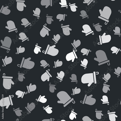 Grey Sauna mittens icon isolated seamless pattern on black background. Mitten for spa. Vector.