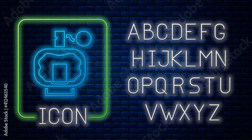 Glowing neon Aftershave icon isolated on brick wall background. Cologne spray icon. Male perfume bottle. Neon light alphabet. Vector.
