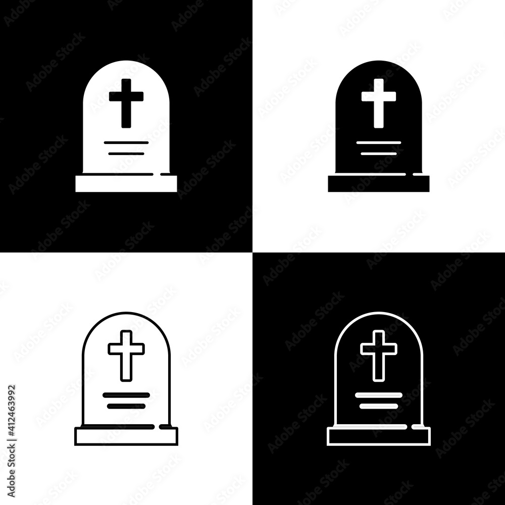 Set Tombstone with cross icon isolated on black and white background. Grave icon. Happy Halloween party. Vector. Set Tombstone with cross icon isolated on black and white background. Grave icon. Happy Halloween party. Vector.