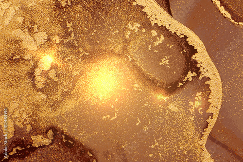 Abstract fortuna gold and brown marble texture with sparkles. Vector background in alcohol ink technique. Modern paint with glitter. Template for banner, poster design. Fluid art painting
