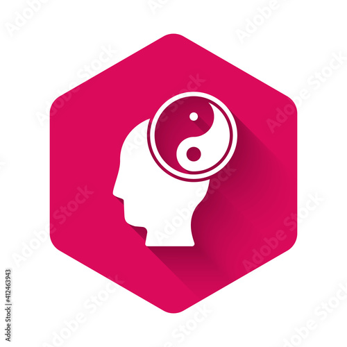White Yin Yang symbol of harmony and balance icon isolated with long shadow background. Pink hexagon button. Vector.