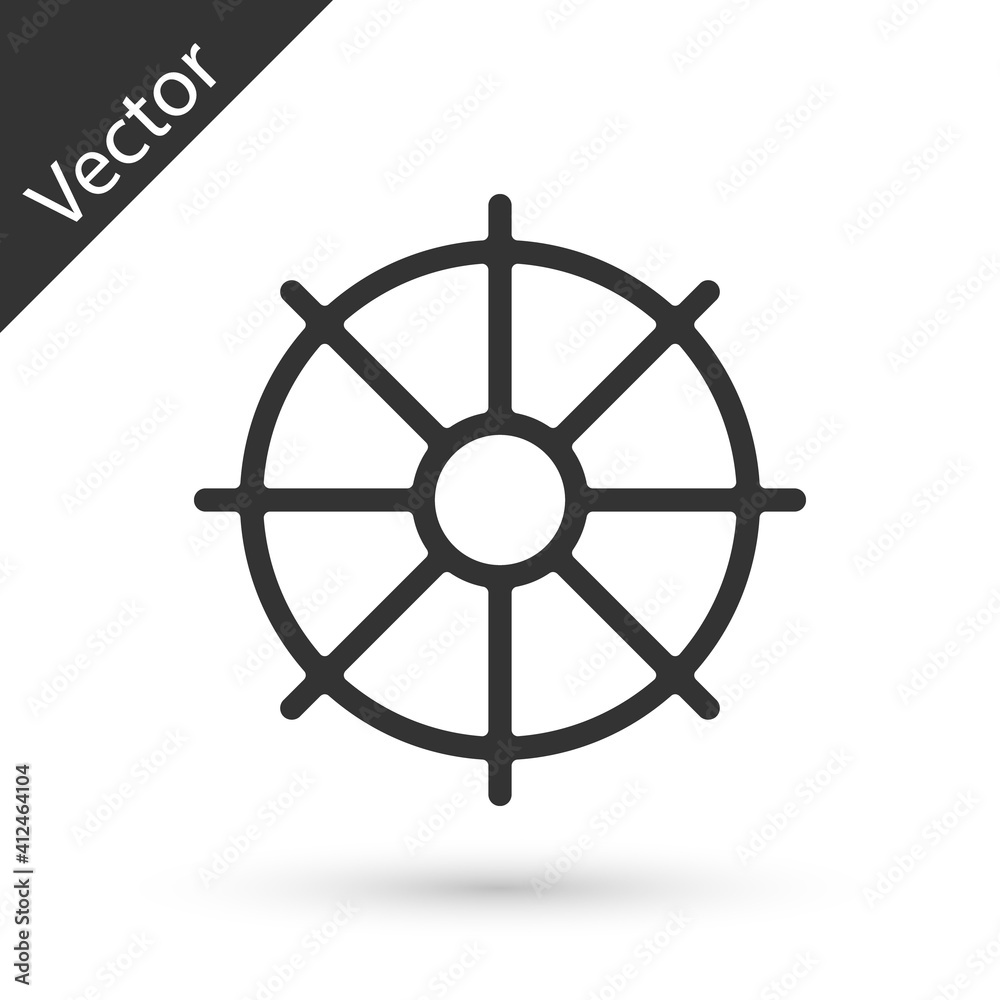 Obraz premium Grey Dharma wheel icon isolated on white background. Buddhism religion sign. Dharmachakra symbol. Vector.