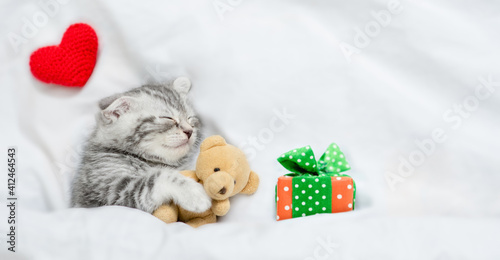 Cute tabby kitten sleeps under white blanket with red heart and gift box and hugs toy bear. Top down view. Empty space for text