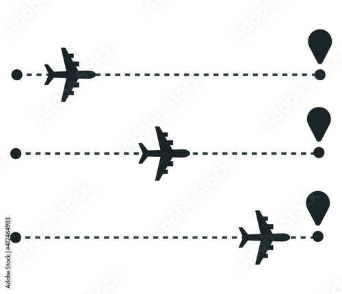 Airplane travel concept. Plane with start point and route dash line. Flight vector illustration.
