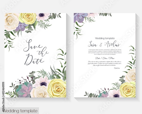 Vector floral template for wedding invitation. Yellow and white roses, anemones, succulents, berries, green leaves and plants.