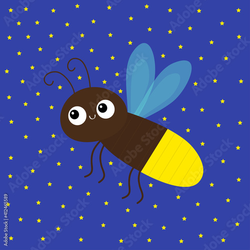 Cute firefly beetle bug. Insect animal. Cartoon kawaii funny smiling baby character. Brown color. Shining yellow light bulb. Education cards for kids. Blue sky star background. Flat design.