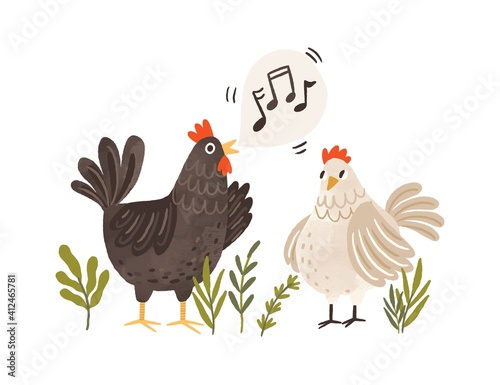Rooster singing songs for hen. Cute and funny chicken listening to crowing. Colorful flat textured vector illustration isolated on white background