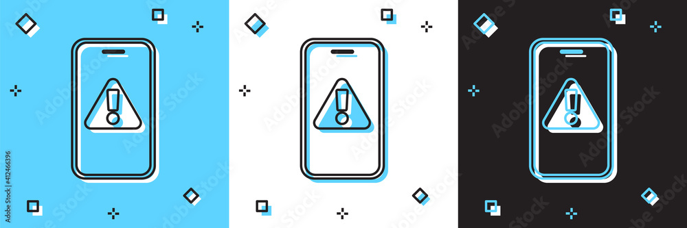 Set Mobile phone with exclamation mark icon isolated on blue and white, black background. Alert message smartphone notification. Vector. Set Mobile phone with exclamation mark icon isolated on blue and white, black background. Alert message smartphone notification. Vector.