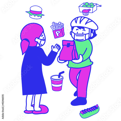ファストフードをデリバリーする人と受け取る人のイラスト