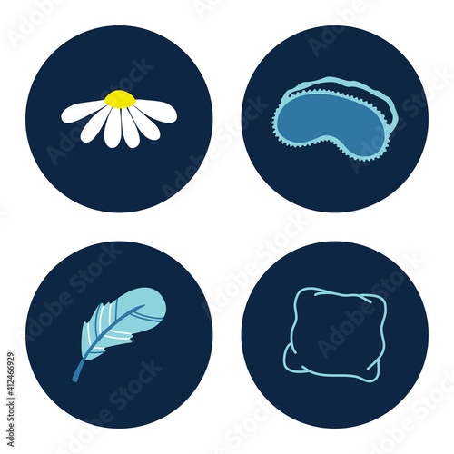 Sleep time icons set - daisy, chamomile, eye mask, pillow and feather