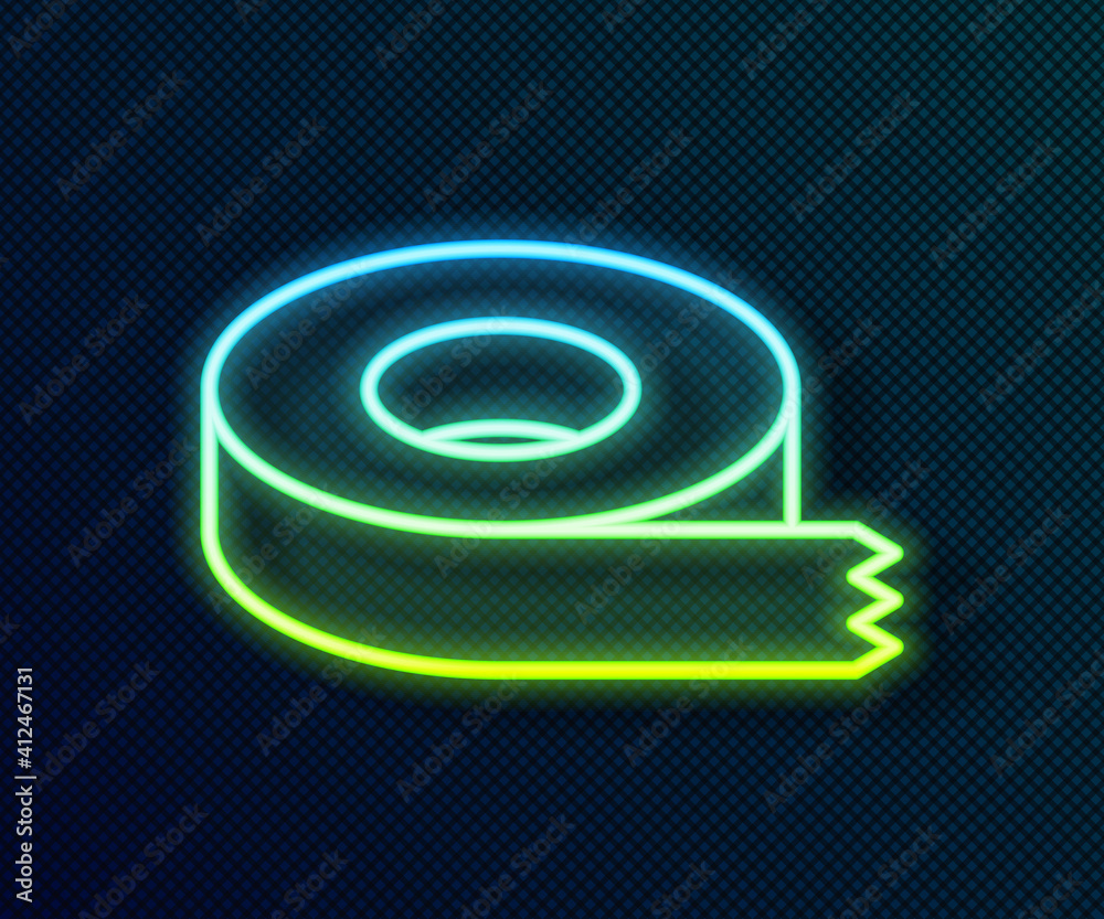 Glowing neon line Scotch tape icon isolated on black background. Insulating tape. Vector.