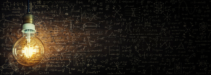 Glowing lamp as a symbol of scientific thought against the background of physical and mathematical formulas. Science and education background.