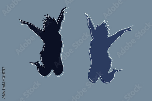 Cute abstract silhouettes of plump ladies in jump with hands up. Calm blue colors. Flat and minimal design with offset of white outline. Dynamic and sexy shapes. Motivation, happiness and success.