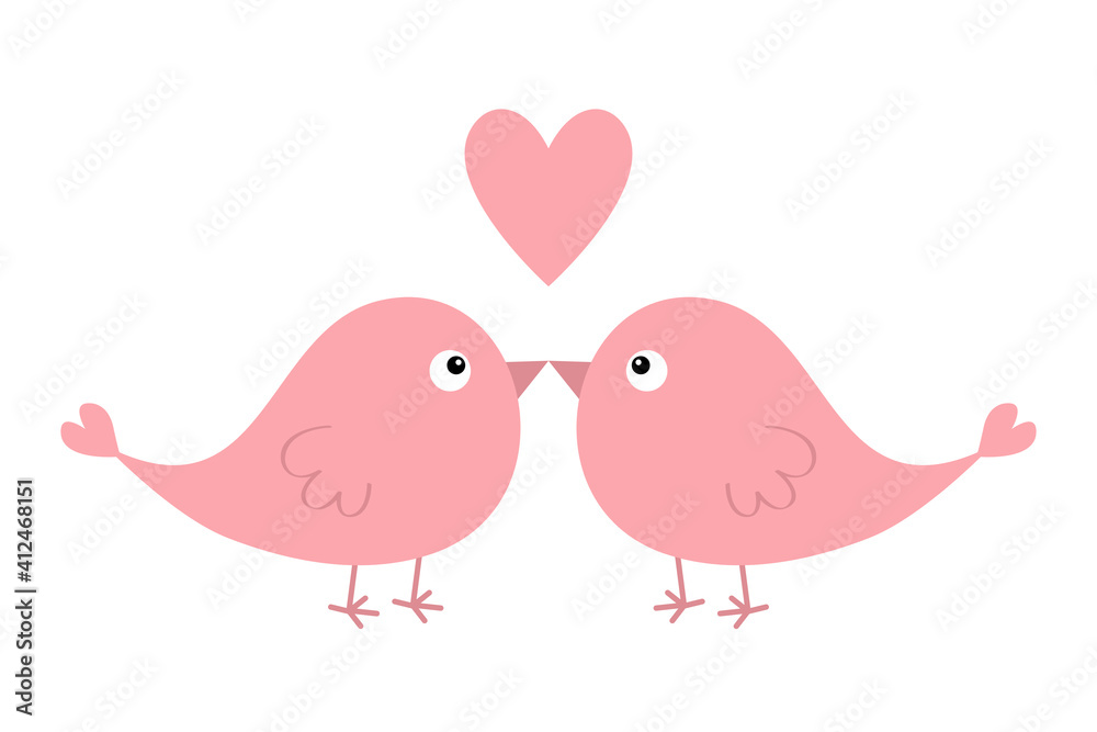 Two pink bird couple. Cute heart. Love Greeting card. Happy Valentines Day. Sticker print. Cartoon kawaii funny baby character. Flat design. White background. Isolated.