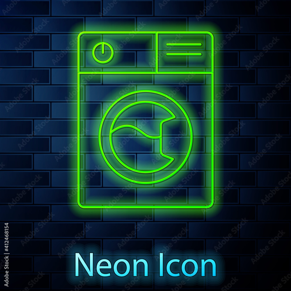 Glowing neon line Washer icon isolated on brick wall background. Washing machine icon. Clothes washer - laundry machine. Home appliance symbol. Vector.