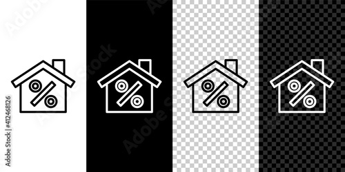 Set line House with percant discount tag icon isolated on black and white, transparent background. Real estate home. Credit percentage symbol. Vector.