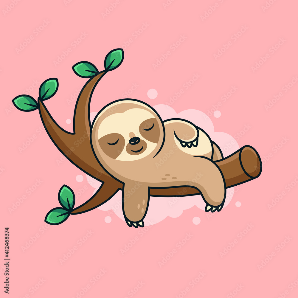 Fototapeta premium Cute Sleep Sloth Cartoon with Cute Pose. Cartoon Vector Icon Illustration. Animal Icon Concept on Pink Background
