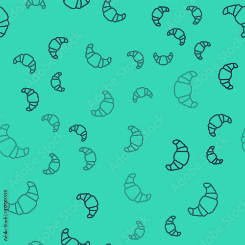 Black line Croissant icon isolated seamless pattern on green background. Vector.