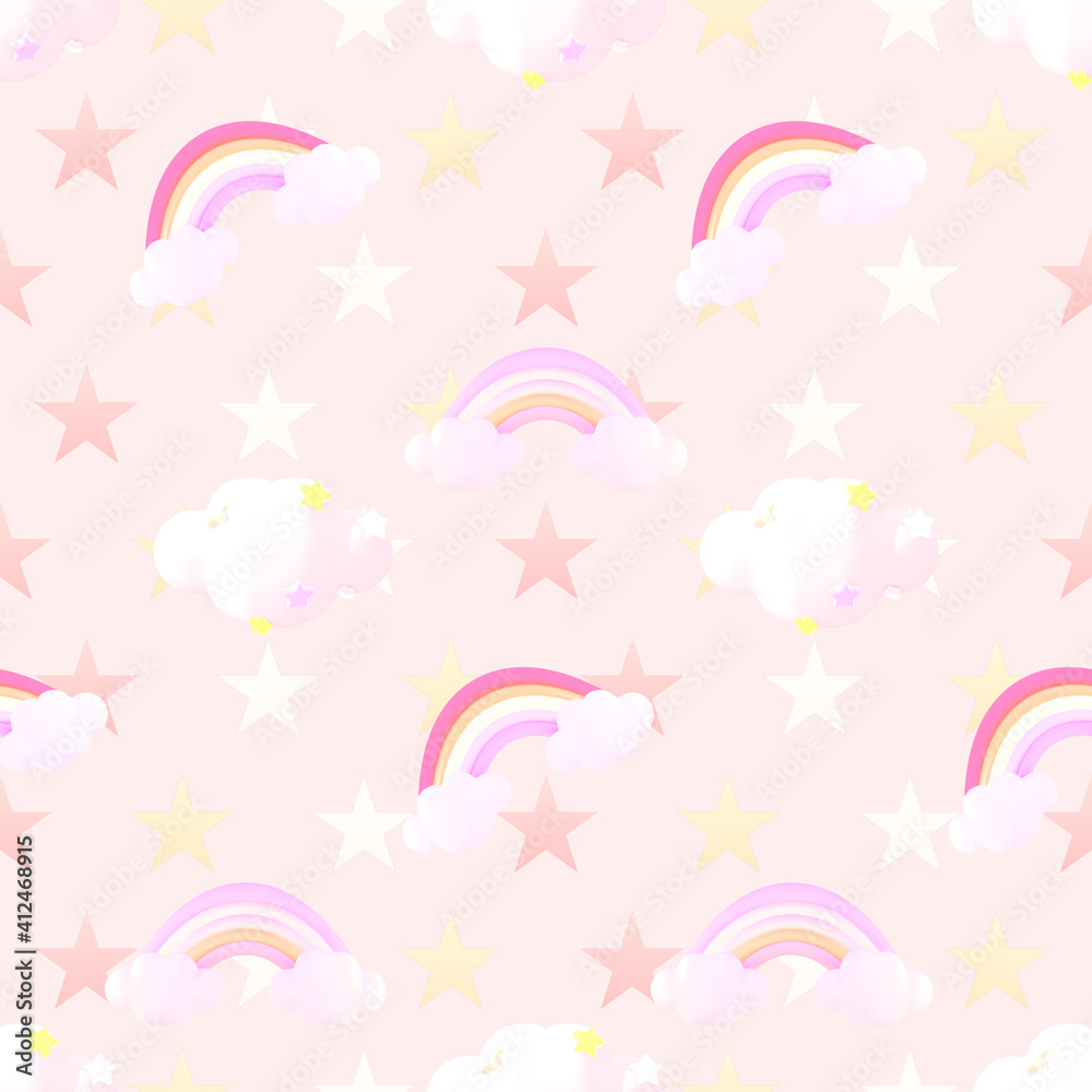 Seamless pattern cute rainbow and clouds. Kids playroom wallpaper. 3d render picture.