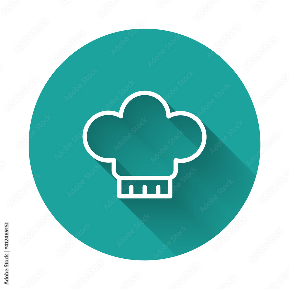 White line Chef hat icon isolated with long shadow background. Cooking symbol. Cooks hat. Green circle button. Vector. White line Chef hat icon isolated with long shadow background. Cooking symbol. Cooks hat. Green circle button. Vector.