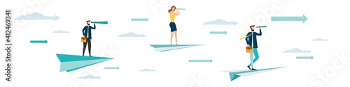 Leadership in business concept. Way to success. Businessmen balancing on paper planes. Arrow. Achievement of the goal. motivation. EPS10 vector illustration.