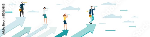 Leadership in business concept. Search for opportunities. Way to success. Businessmen standing on the flying arrows. Arrow. Achievement of the goal. motivation. Vector illustration.
