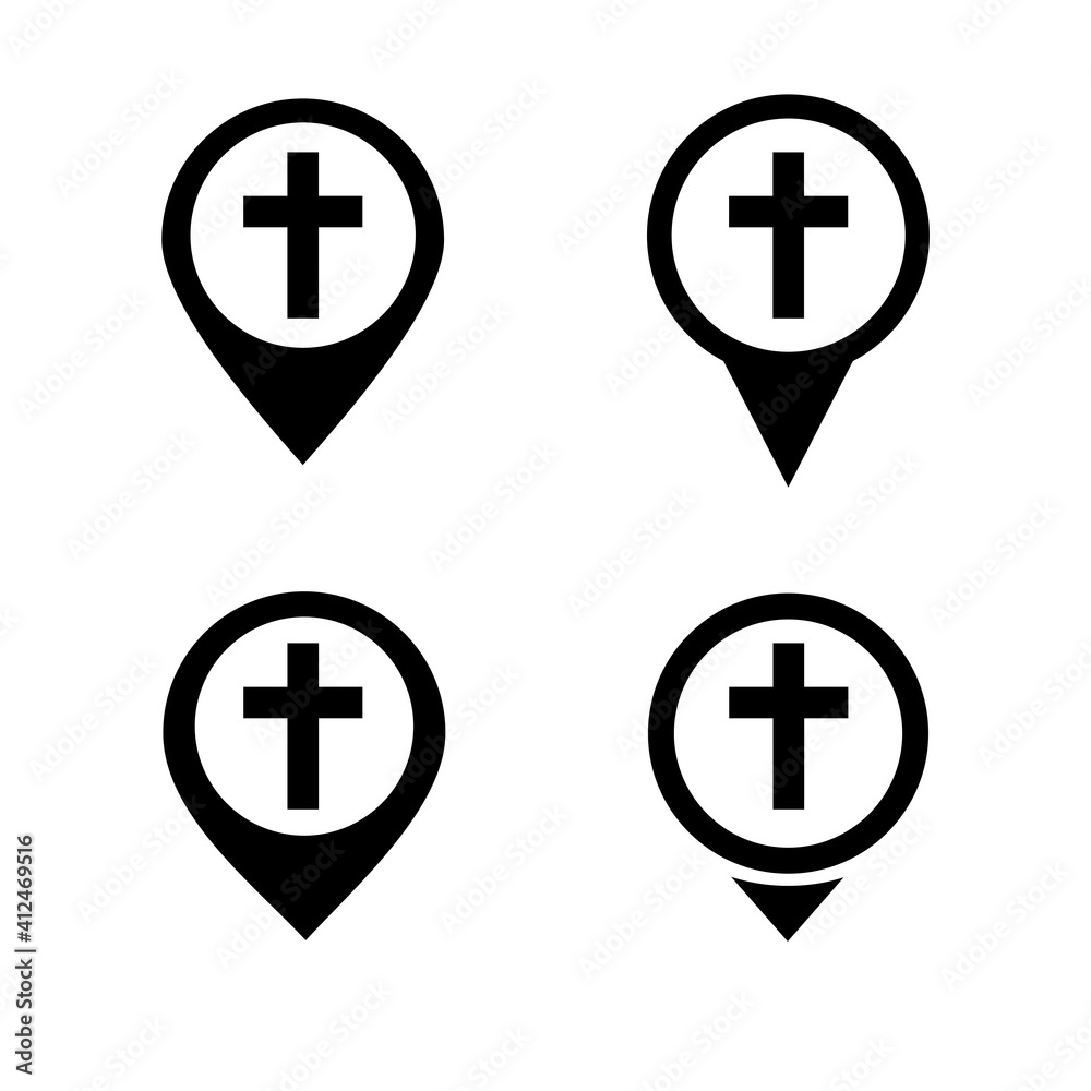 Obraz premium Set of map pointer with christian cross icon. Church pin location. Illustration vector