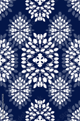 White ornament on blue seamless pattern. Vintage, paisley elements. Ornamental traditional, ethnic, turkish. Great for fabric and textile, wallpaper, packaging or any idea.