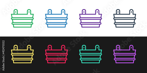 Set line Sauna bucket icon isolated on black and white background. Vector.