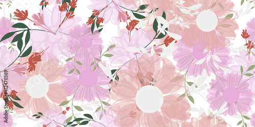 Seamless pattern with colorful hand drawn flowers. Original textile, wrapping paper, wall art surface design. Vector illustration. Floral simple minimalistic graphic desig