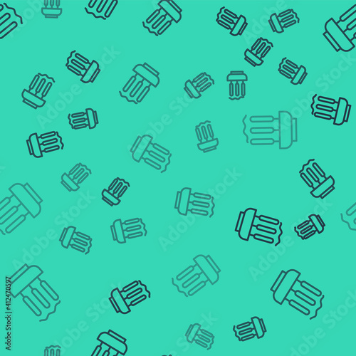 Black line Burning aromatic incense sticks icon isolated seamless pattern on green background. Vector.