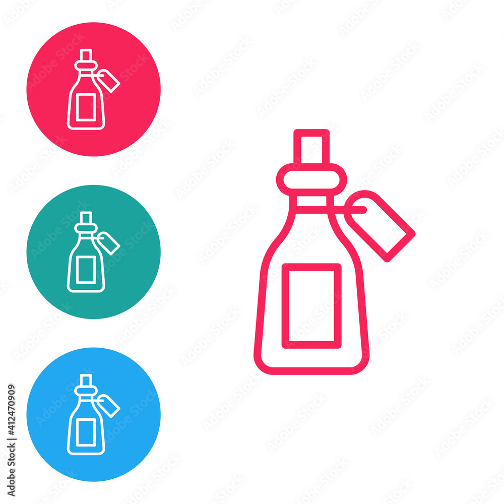 Red line Essential oil bottle icon isolated on white background. Organic aromatherapy essence. Skin care serum glass drop package. Set icons in circle buttons. Vector. Red line Essential oil bottle icon isolated on white background. Organic aromatherapy essence. Skin care serum glass drop package. Set icons in circle buttons. Vector.