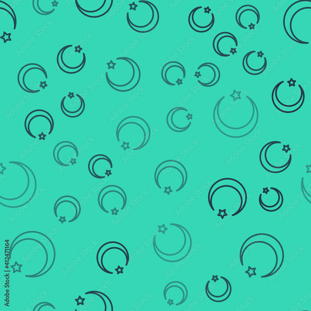 Black line Star and crescent - symbol of Islam icon isolated seamless pattern on green background. Religion symbol. Vector. Black line Star and crescent - symbol of Islam icon isolated seamless pattern on green background. Religion symbol. Vector.