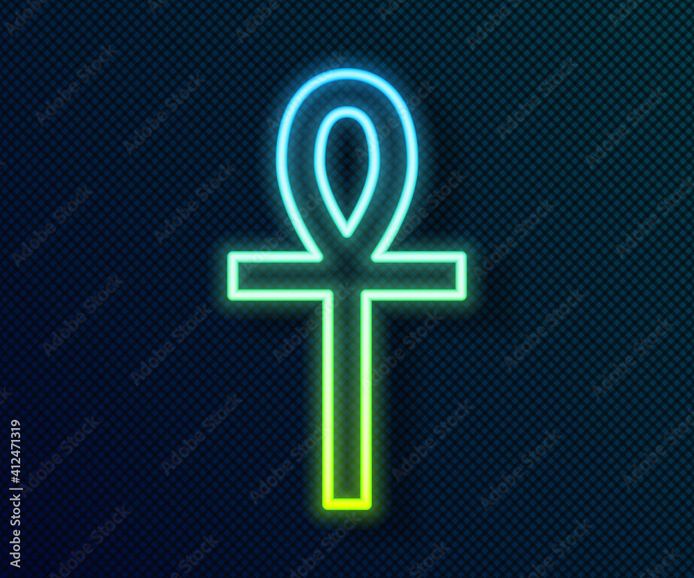Glowing neon line Cross ankh icon isolated on black background. Vector.