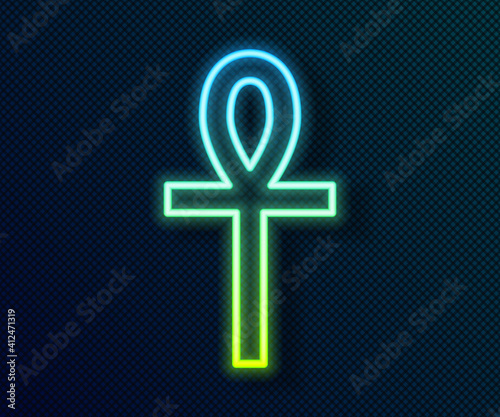Glowing neon line Cross ankh icon isolated on black background. Vector.