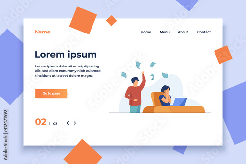 Male boss scolding crying female employee. Man throwing papers to woman flat vector illustration. Corporate communication problem concept for banner, website design or landing web page