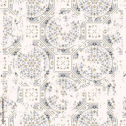 Seamless vintage pattern with an effect of attrition. Patchwork tiles. Hand drawn seamless abstract pattern from tiles. Azulejos tiles patchwork. Portuguese and Spain decor.	