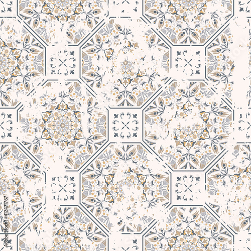 Seamless vintage pattern with an effect of attrition. Patchwork tiles. Hand drawn seamless abstract pattern from tiles. Azulejos tiles patchwork. Portuguese and Spain decor.	