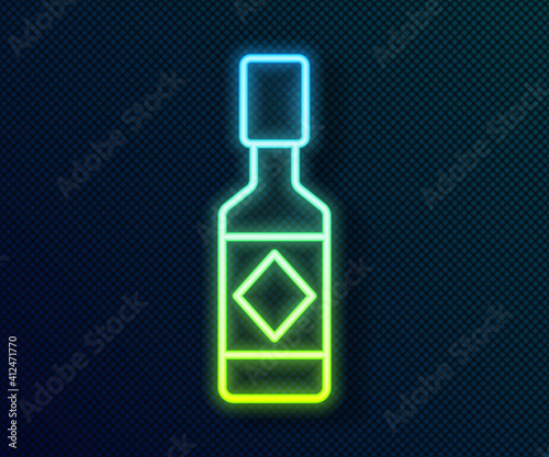 Glowing neon line Tabasco sauce icon isolated on black background. Chili cayenne spicy pepper sauce. Vector.